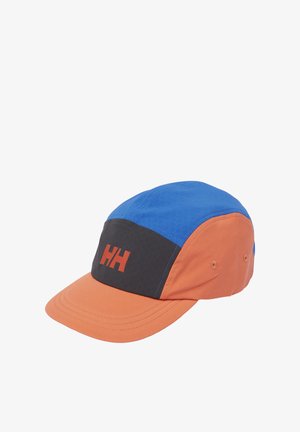 Gorra con parte superior azul, panel frontal negro con el logo rojo "HH" y visera y laterales naranjas, aislada sobre fondo blanco.