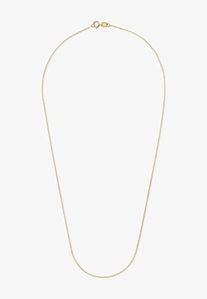 Gold-plated chain necklace with a sleek, round link design, featuring a clasp closure and a smooth, reflective surface.