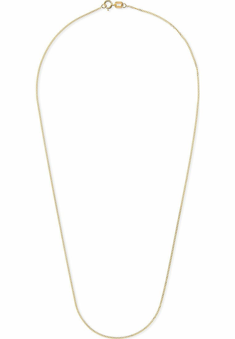 Guldplateret kæderekæde med et elegant, rundt leddesign, der har en klipslukning og en glat, reflekterende overflade.