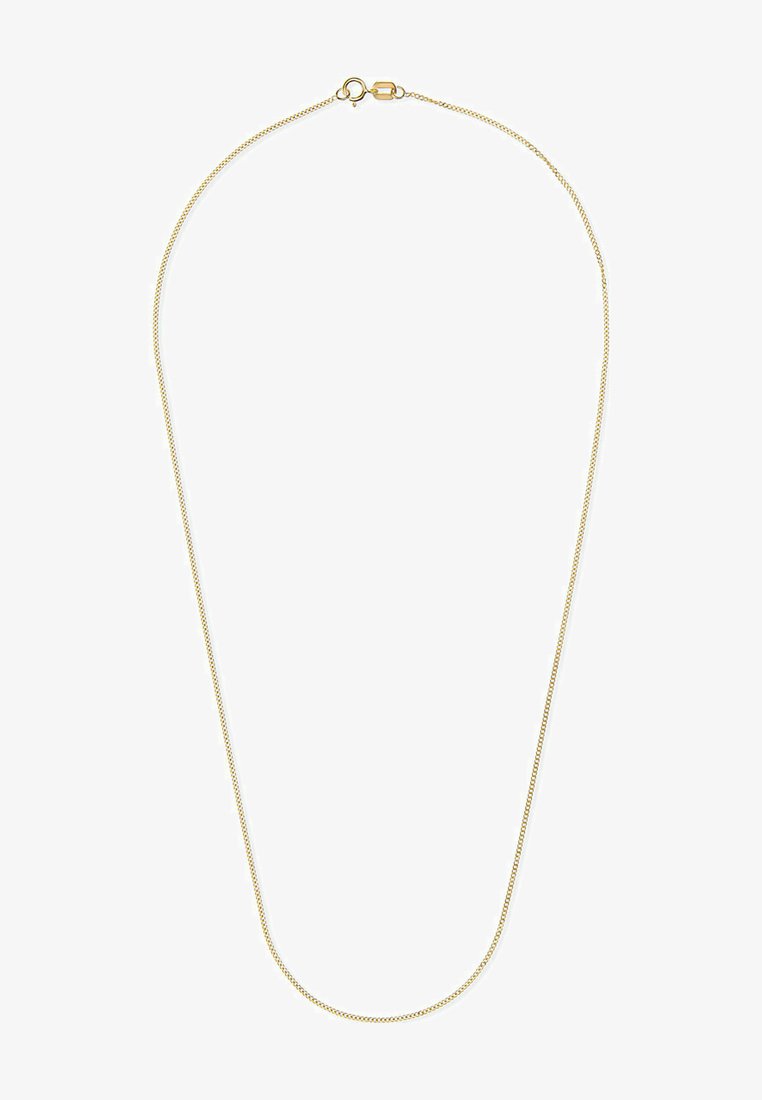 Guldplateret kæderekæde med et elegant, rundt leddesign, der har en klipslukning og en glat, reflekterende overflade.