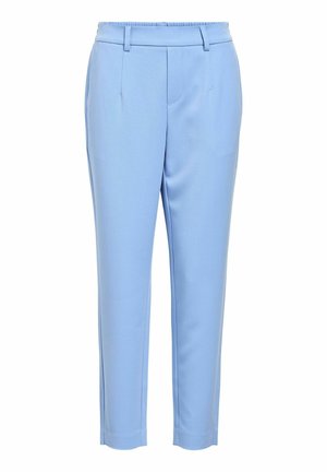 Ανοιχτού μπλε προσαρμοσμένο παντελόνι με απαλή υφή, στενές γραμμές, πτυχές μπροστά και ελαστική ζώνη στη μέση.