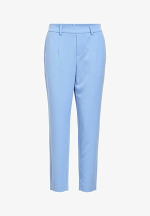 Helleblaue, maßgeschneiderte Hose mit glatter Textur, schmalen Beinen, Vorderfalten und einem elastischen Bund.