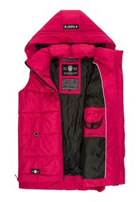 Fuchsia sleeveless puffer vest with a zip closure, hood, inner pockets, quilted texture, and contrasting black lining. Label tags visible inside.