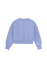 Sweatshirt cropped bleu clair avec des poignets et un ourlet côtelés, doté d'un col rond et de détails cousus le long de la couture du dos.