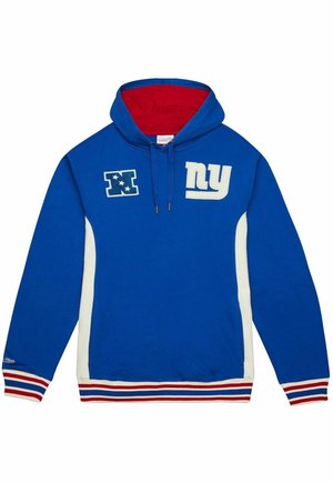 Sweat à capuche bleu avec intérieur rouge, panneaux latéraux blancs et poignets rayés. Présente un logo "NY" brodé et un "N" à motif d'étoiles. Texture de tissu douce.