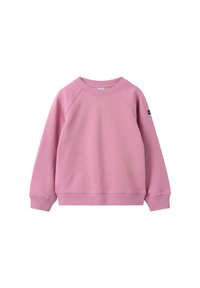 Roze sweatshirt van zachte stof, met een ronde halslijn, raglanmouwen en ribgebreide boorden en onderrand. Geen zichtbare logo's of versieringen.