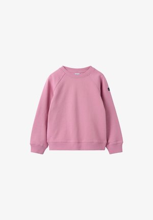 Rosa Sweatshirt aus weichem Stoff, mit rundem Ausschnitt, Raglanärmeln und gerippten Bündchen und Saum. Keine sichtbaren Logos oder Verzierungen.
