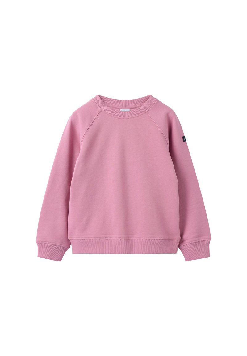 Roze sweatshirt van zachte stof, met een ronde halslijn, raglanmouwen en ribgebreide boorden en onderrand. Geen zichtbare logo's of versieringen.