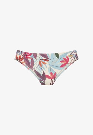 Blumiger Bikini-Unterteil mit leuchtenden Blättern in Violett, Rot und Grün auf einem cremefarbenen Hintergrund. Weicher Stoff mit Standard-Schnitt und nahtlosen Kanten.