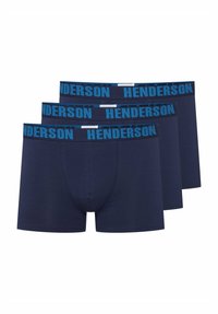 Navy blue boxer briefs in a pack of three, featuring a contrasting blue waistband with "HENDERSON" printed in bold letters. Soft texture, fitted design.