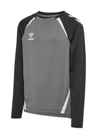Maillot de sport à manches longues avec un devant gris, des manches noires, des accents blancs et le logo hummel sur la poitrine et l'épaule.