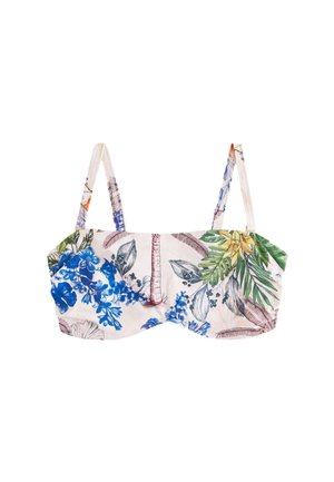 Weißes Bikinioberteil mit dünnen Trägern und blau-grün-gelben tropischen Blumen- und Blättermustern.