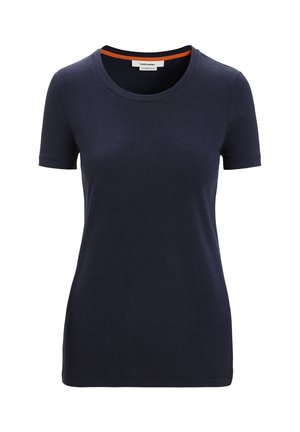 Navy blue short-sleeve T-shirt made from soft fabric, featuring a round neckline with a contrasting orange inner collar detail.