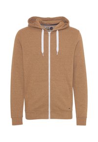 Felpa con zip marrone realizzata in tessuto morbido, con zip bianca, cordini e due tasche frontali. Design semplice e di colore solido.