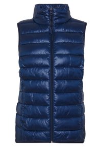 Dunkelblaues gepolstertes Weste mit hohem Kragen, Frontreißverschluss und horizontaler Steppung. Glattes, glänzendes Material mit seitlichen Taschen.