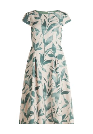 Jurk met bloemenprint in lichtbeige, met grote groene bladeren, korte mouwen, een nauwsluitend lijfje en een volle rok met plooien.