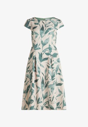 Jurk met bloemenprint in lichtbeige, met grote groene bladeren, korte mouwen, een nauwsluitend lijfje en een volle rok met plooien.