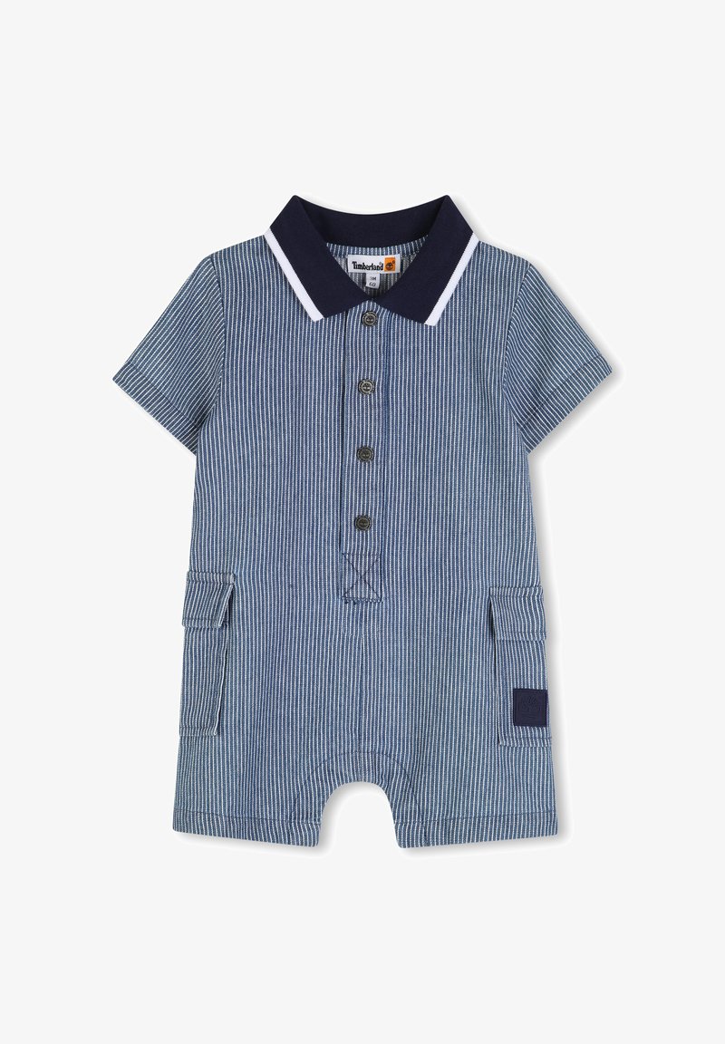 Combinaison courte à manches courtes rayée bleu et blanc, avec un col bleu marine, une fermeture à boutons sur le devant, des poches latérales et un patch logo sur la jambe.