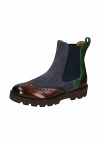 Bottes Chelsea en mélange de daim et cuir verni. Caractéristiques : tige bleu marine, motif de boutonnage marron, accents verts et semelle robuste.