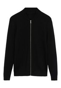 Schwarzer Cardigan mit Reißverschluss, gefertigt aus weichem Strickmaterial, mit hohem Kragen, langen Ärmeln und einer glatten Reißverschlussvorderseite.