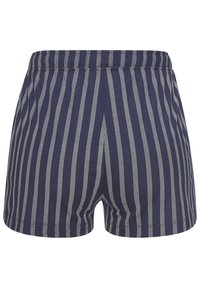Navy blue swim shorts with white vertical stripes, featuring an elastic waistband and a smooth texture. Design is simple and functional.