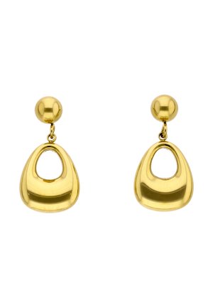 Cercei din aur în formă de picătură, cu un șurub rotund și un element atârnat gol, în formă de lacrimă, lustruit și reflectorizant.