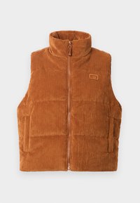 Kollane korduuri vest kõrge kraega, ees lukuga ja tingitud paneelidega. Vasakul küljel on väike logo silt.