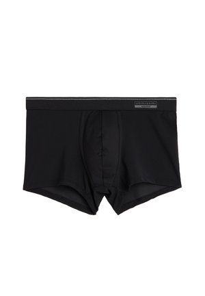 Czarne bokserki wykonane z gładkiego materiału, z wygodnym pasem w szarym kolorze oraz funkcjonalną przednią kieszonką.