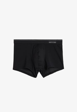 Czarne bokserki wykonane z gładkiego materiału, z wygodnym pasem w szarym kolorze oraz funkcjonalną przednią kieszonką.