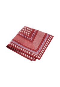 Punainen kuvioitu nenäliina, jossa on geommaattisia kuvioita, kuten viivoja, ruutuja ja kalanruotokuvioita, viimeistelty vaalean sinisellä reunalla.