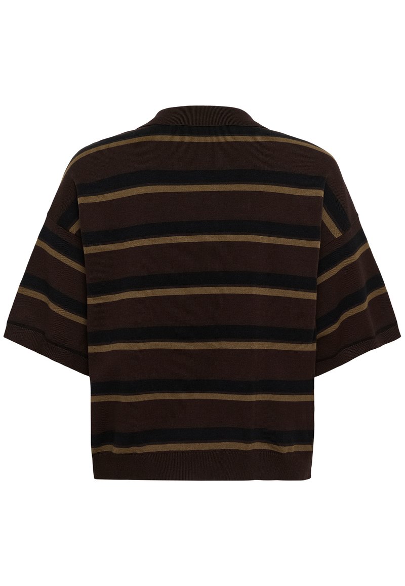 Pull manches courtes marron foncé avec des rayures horizontales noires et olive, col, poignets et ourlet côtelés, vu de dos.