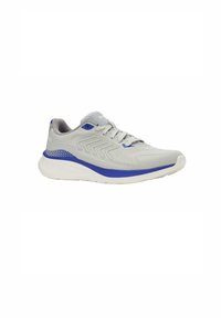 Zapatilla deportiva de color gris claro con detalles azules, parte superior de malla texturada, collar acolchado y suela blanca gruesa, diseñada para ofrecer comodidad y soporte.