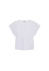 Top bianco in cotone con maniche corte a volant, scollatura rotonda e chiusura a bottone sul davanti. Motivo in tessuto ad occhiello su tutta la superficie.