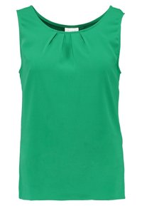 Green sleeveless top made of smooth fabric. Features a round neckline and subtle pleats at the front. Straight cut at the hem.