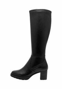 Botte noire jusqu'au genou en matériau synthétique lisse avec un talon épais, présentant un design épuré et des détails de couture subtils.