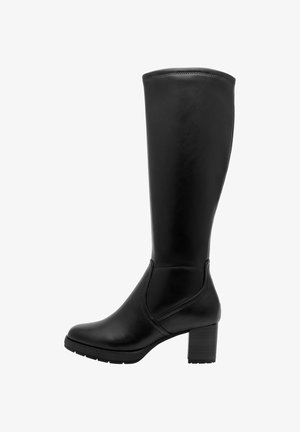 Black knee-high boot made of smooth synthetic material with a chunky heel, featuring a sleek design and subtle stitching detail.