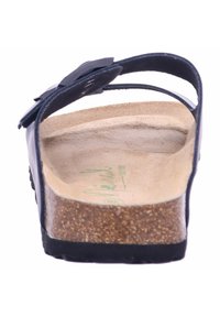 Black leather sandal with cork footbed. Features a wide strap and a textured sole. Interior showcases a smooth finish with imprinted logo.