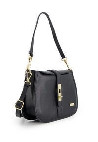 Black leather handbag with a textured finish, gold-tone hardware, a flap closure, and an adjustable strap for versatile carrying options.