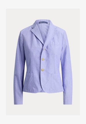 Hellvioletter einreihiger Blazer mit gekerbtem Revers, zwei beigen Knöpfen und drei aufgesetzten Taschen, präsentiert auf weißem Hintergrund.