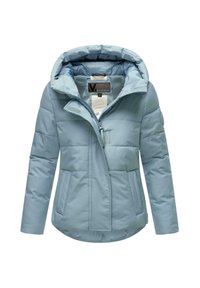 Hellblauer, gepolsterter Mantel mit Kapuze, ausgestattet mit einem Reißverschluss, seitlichen Taschen und einer glatten Außenfläche. Abnehmbare Kapuze.