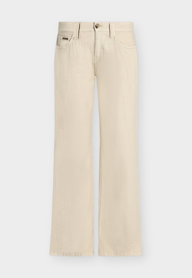 Μπεζ τζιν παντελόνι με φαρδιά μπατζάκια, με κουμπί και φερμουάρ μπροστά, τσέπες εμπρός και πίσω, καθώς και θηλιές για ζώνη, εμφανισμένο σε απλό φόντο.