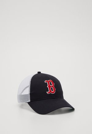 Baseball cap with a navy front, white mesh sides, and red embroidered "B" logo. Structured shape with a curved brim, cotton blend fabric.