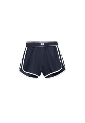 Shorts de sport bleu marine avec un passepoil blanc, présentant une coupe décontractée, une taille élastique et des fentes sur les côtés pour une meilleure liberté de mouvement.