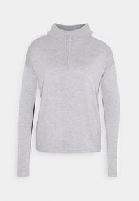 Grijze sweatshirt met een hoge hals, lange mouwen en witte zijkanten. Gemaakt van zacht materiaal met een ontspannen pasvorm en geribbelde details.