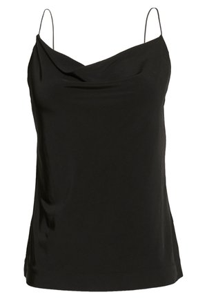 Black camisole top with thin straps, featuring a draped neckline, smooth texture, and a fitted silhouette. Simple, classic design.