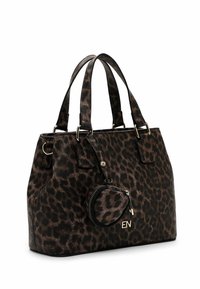 Tasche im Leopardenmuster aus Kunstleder mit doppelten Griffen, goldfarbigem Zubehör und einer abnehmbaren runden Münztasche, die mit einem Reißverschluss befestigt ist.