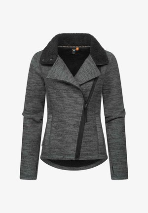 Damska ciemnoszara kurtka polarowa z czarnym pluszowym kołnierzem, asymetrycznym zamkiem z przodu oraz dopasowanymi długimi rękawami.