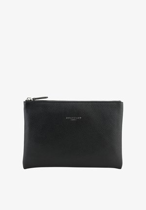 Pochette zippée en cuir texturé noir avec un logo argenté « Four pocket 1903 » centré à l'avant.