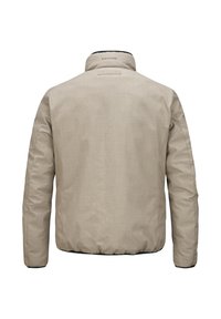 Beige Isolierjacke mit rundem Kragen, elastischem Saum und langen Ärmeln. Sanfte Textur und minimalistisches Design, geeignet für die Freizeit.