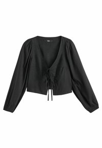 Sort cropped bluse med lange puffærmer, dyb V-hals og frontbinding. Lavet af glat stof med en subtil glans.